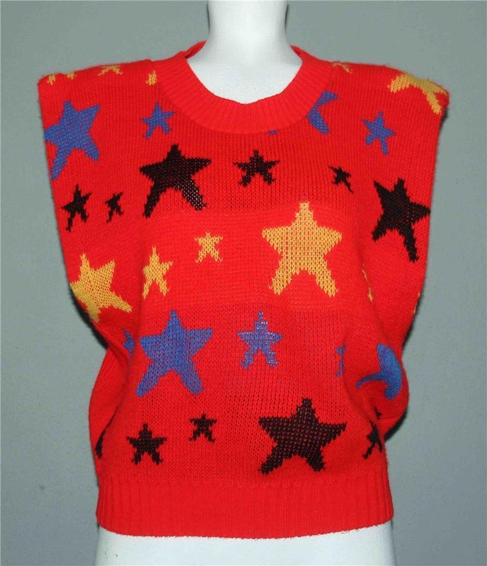 VTG Yellow Black Blue Stars Red Acrylic Sweater Vest Wide Arm Holes Wm’s M EXC