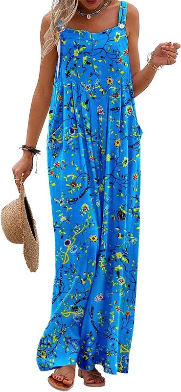 Women’s Summer Boho Floral Romper with Pockets Loose Fit Wide Leg Jumpsuit