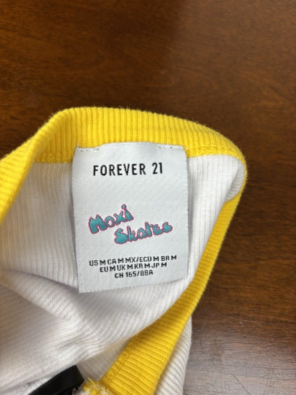 Forever 21 White/Yellow Trim Ribbed Halter Tie Tank Moxi Skates Logo M gallery