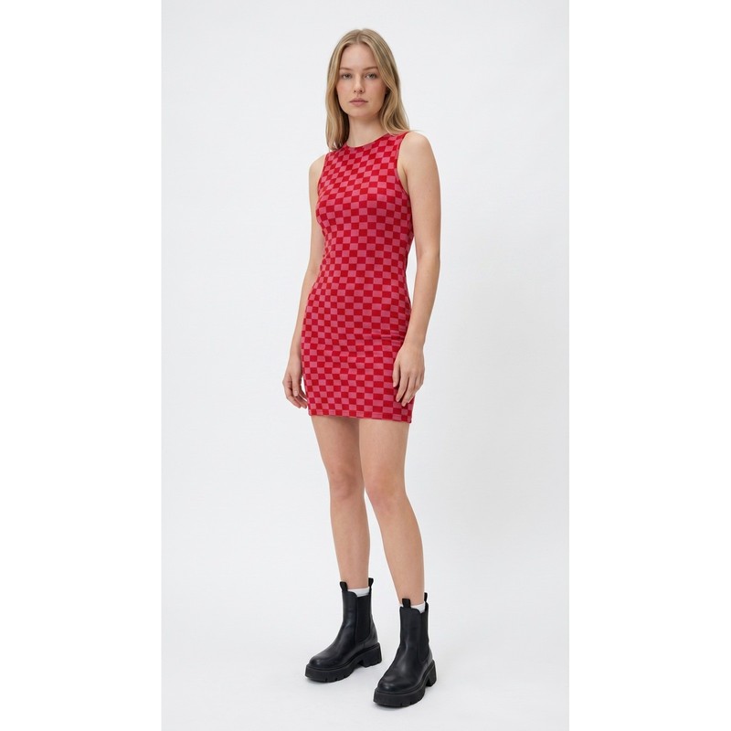 Nasty Gal Pink Red Checkered Mesh Bodycon Mini Dress Racerback Lettuce Hem US 10