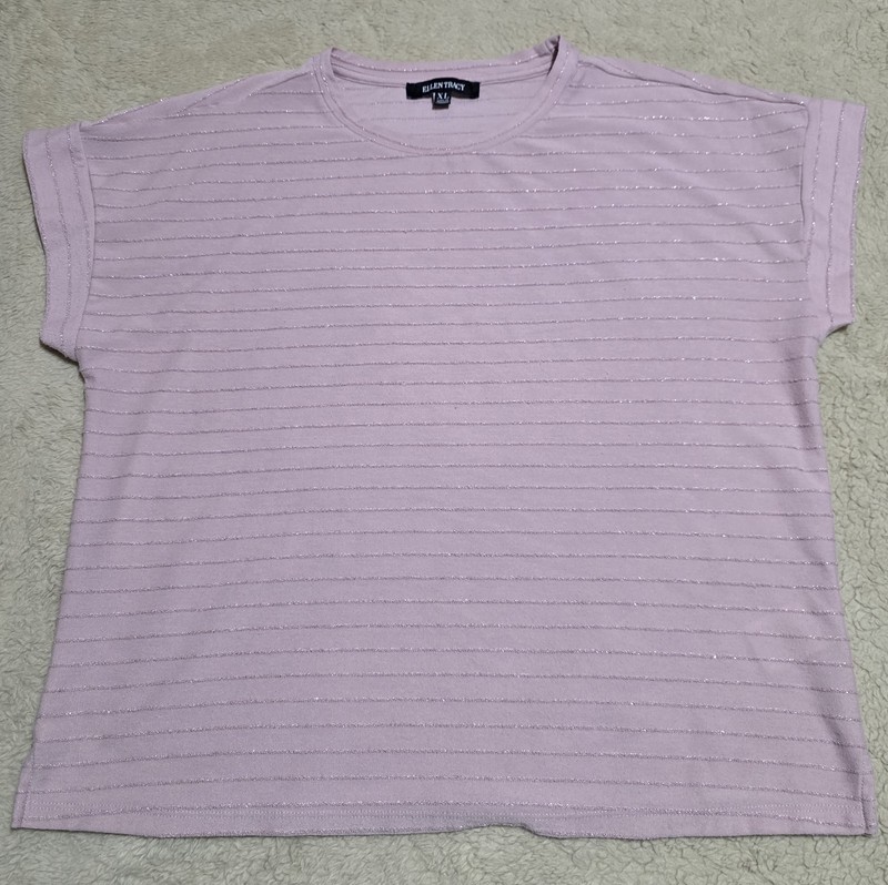 Ellen Tracy Women’s Pink Striped Metallic Short Sleeve T-Shirt Size XL