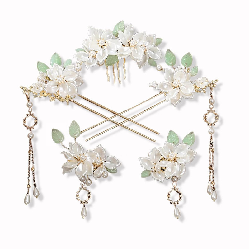 5 Pcs Camellia Flower Tassels Hairpin, Chinese Hair Pins Flower Pins for Hair,