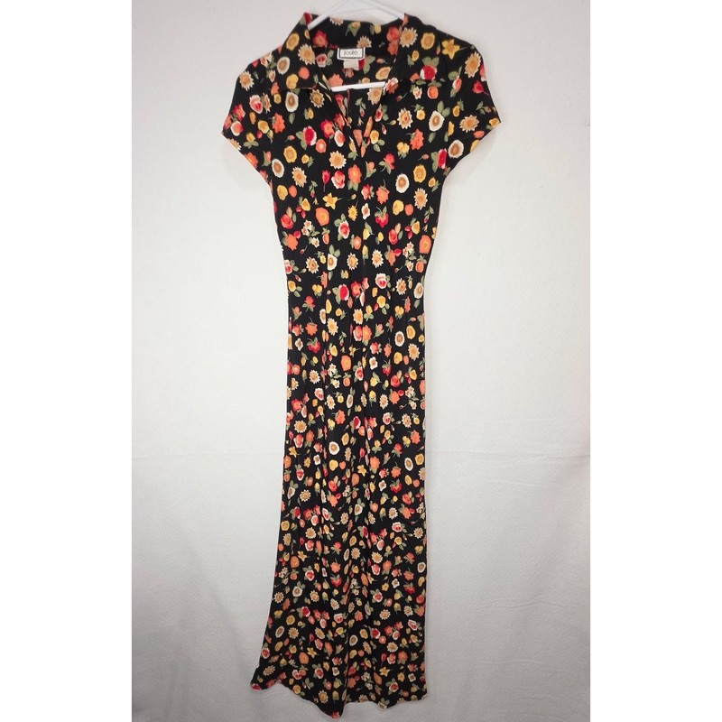 Joule Vintage Floral Maxi Dress Black Sunflower Rose Short Sleeve Small USA Made gallery