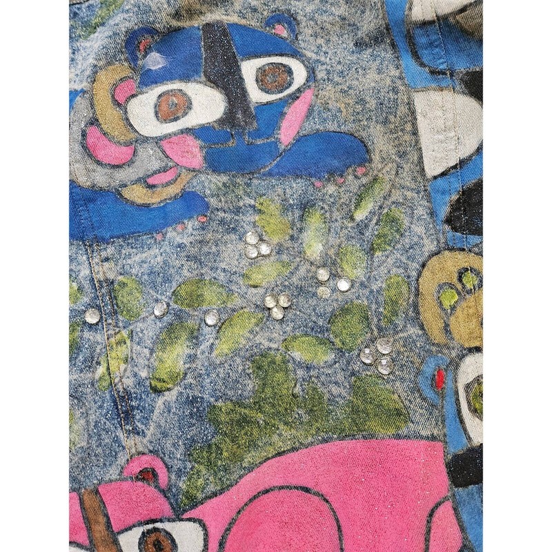 Vintage 90s Hand Painted Cat Jean Jacket Distressed Art To Wear Acid Wash Boho gallery