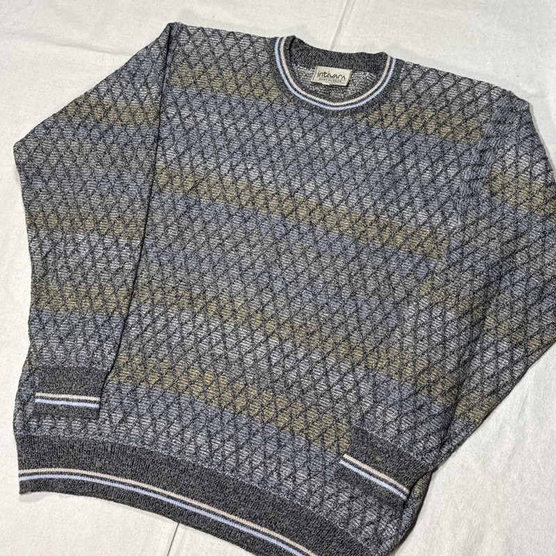 Intiwara Alpaca Handmade Pull Over Gray Blue Yellow 3D Geometric Sweater Men’s M