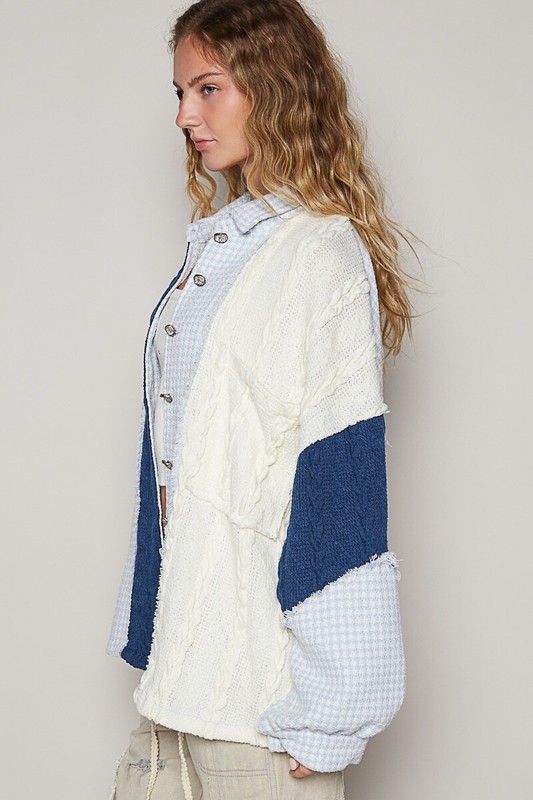 POL Clothing Textured Cable Knit Button Front Jacket in Sky Blue/Cream gallery