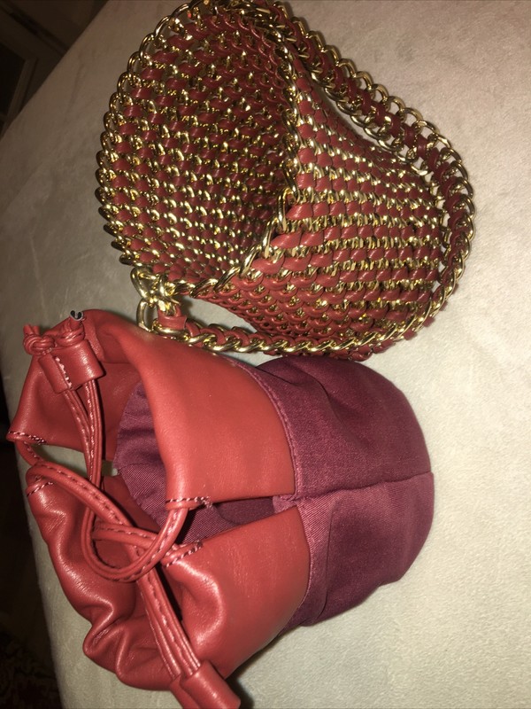 Street Level Drawstring Bucket Bag burgundy GOLD Chain Weaved New gallery