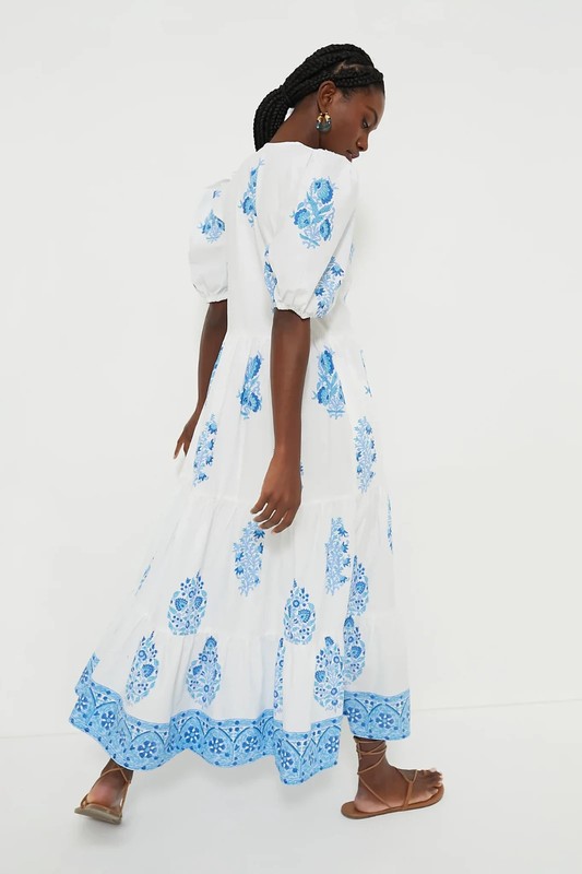 NWT Oliphant Puff Sleeve Maxi in Laguna Blue Floral Cotton Dress L $328 gallery