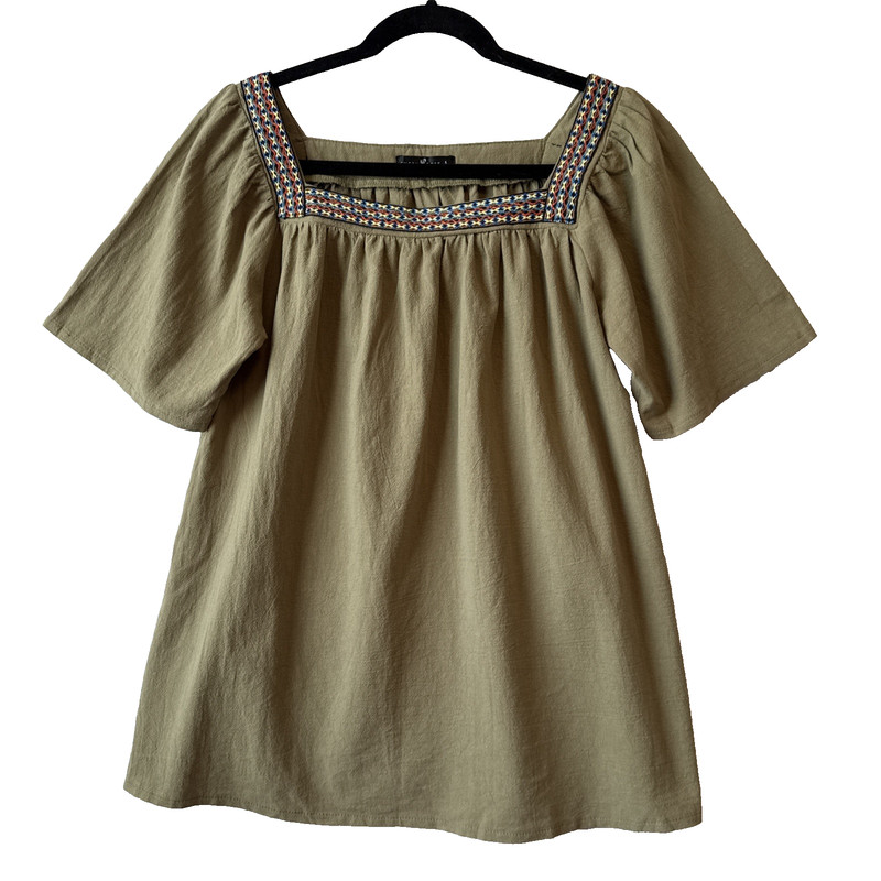 Emery Rose Green Embroidered Square Neck Short Wide Sleeve Top S Boho Peasant