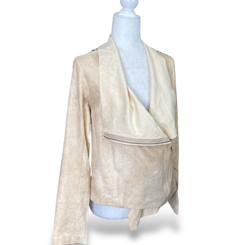 NWT Shyanne Boho Floral Embroidered Draped Beige Moto Jacket Faux Suede Sz S $89 gallery