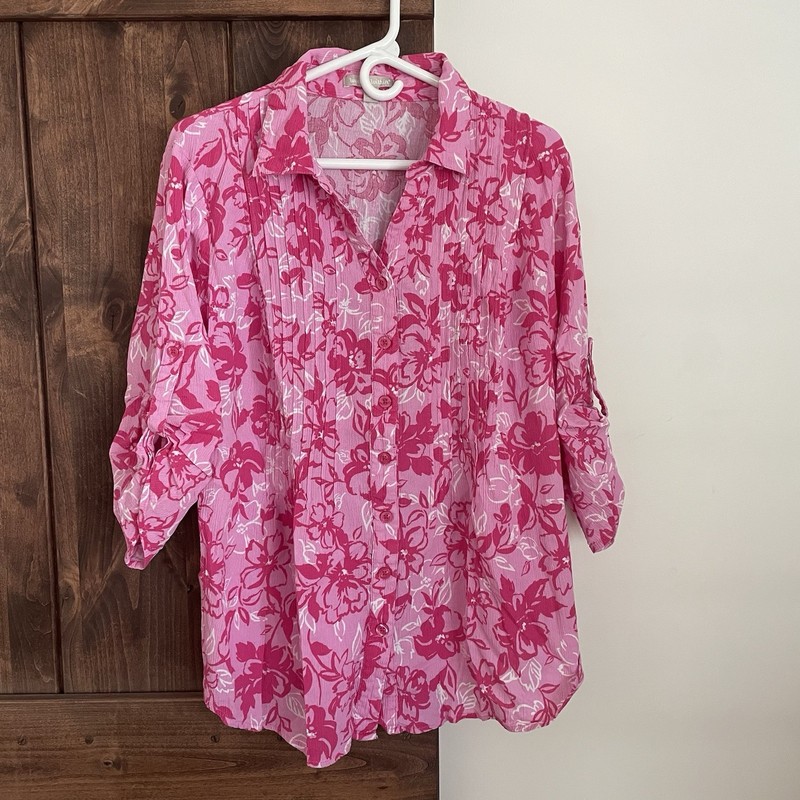 Woman Within Pleated Cotton Shirt Pink Plus L 18/20 Top Button Down