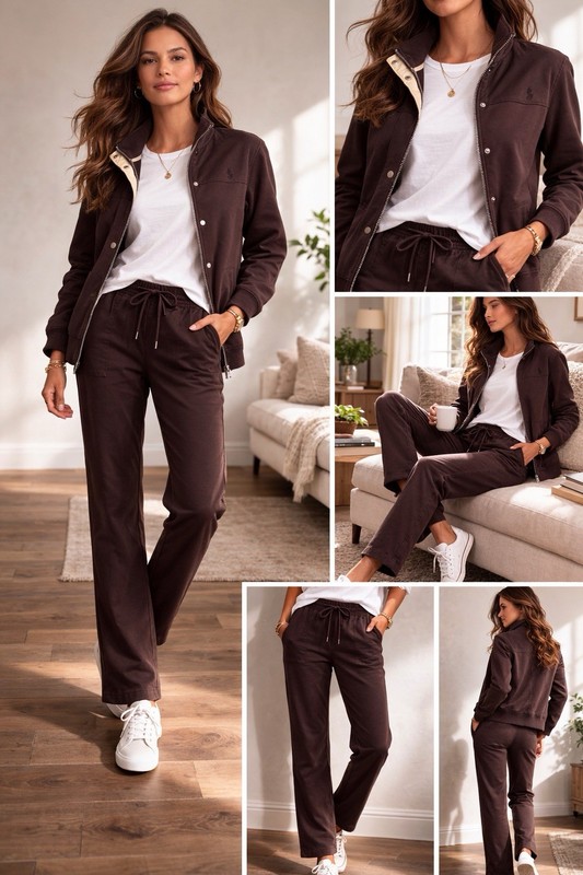 Lauren Ralph Lauren Cotton Lounge Set Zip Snap Jacket Draw String Pants Size M