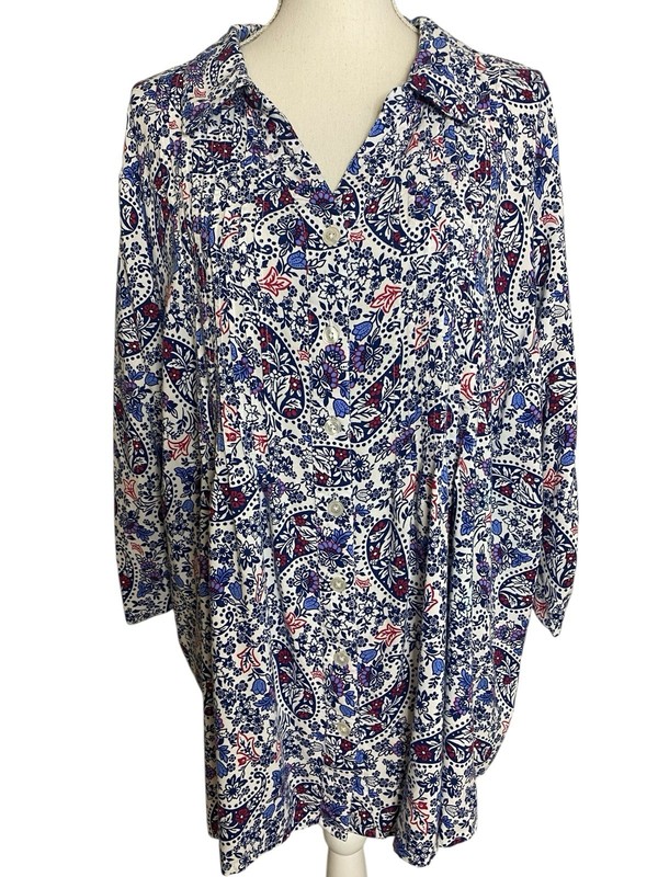 Woman Within 2X 26 28 Top Floral Blue Blouse Button Up Roll Tab Pintuck Pleated