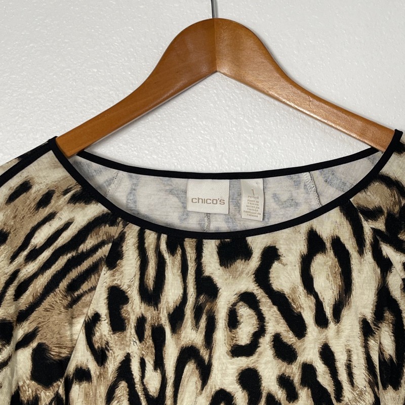 Chico's Women's Tunic Top Sz 1 Medium US 8 Animal Print 3/4 Sleeve Beige Black gallery