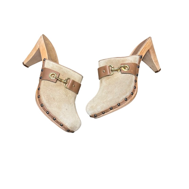 Coach Felicia Suede Wood Mule Clogs Made in Italy Gold Tan Size 10