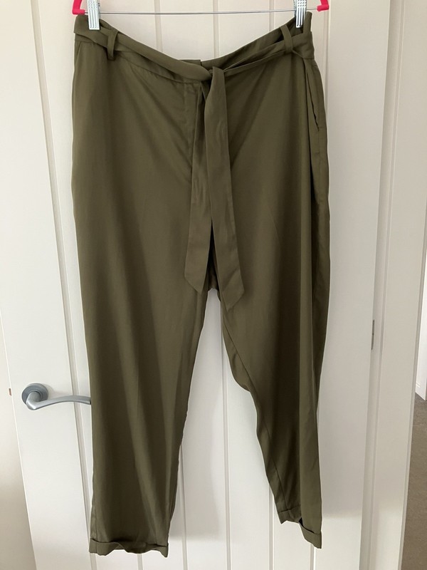 Jaeger Size 16 Khaki Green High Waist Tapered Trousers Ankle Length 27.5 in gallery