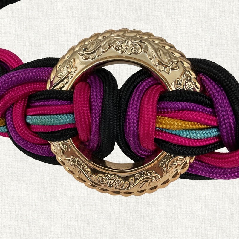 Vintage Woven Rope Belt M/L Gold Tone Ornate Buckle Black Pink Purple Taiwan gallery