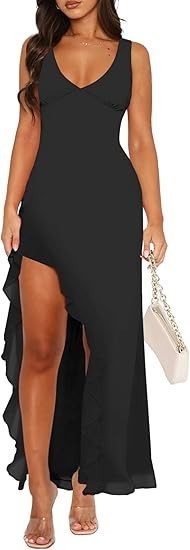 Women V Neck Sleeveless Mesh Ruffle Hem Bodycon Maxi Casual Backless High Slit