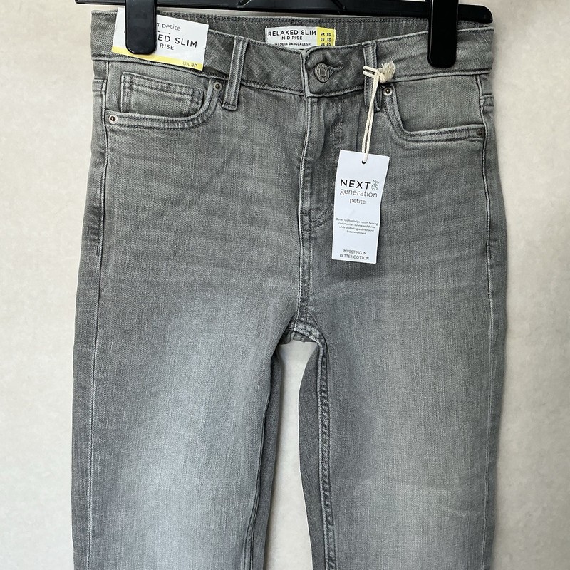 Ladies NEXT RELAXED SLIM MID RISE Grey Faded Jeans Size 8 Petite BNWT (511E)