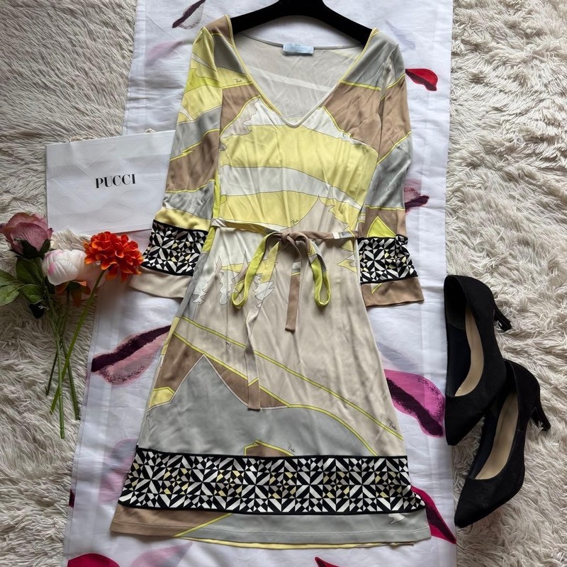 Emilio Pucci Signature Print Dress Yellow Beige Rayon Women’s Size IT38
