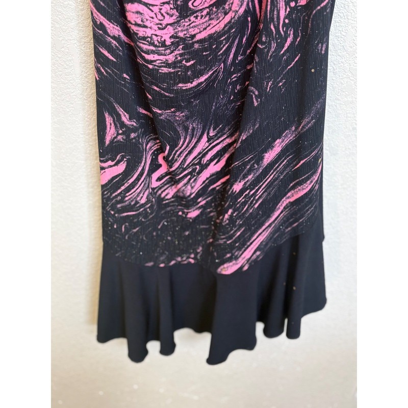 Janine Pink Black Marble Swirl Asymmetric Ruffle Cowl Neck Midi Dress Small Y2K gallery