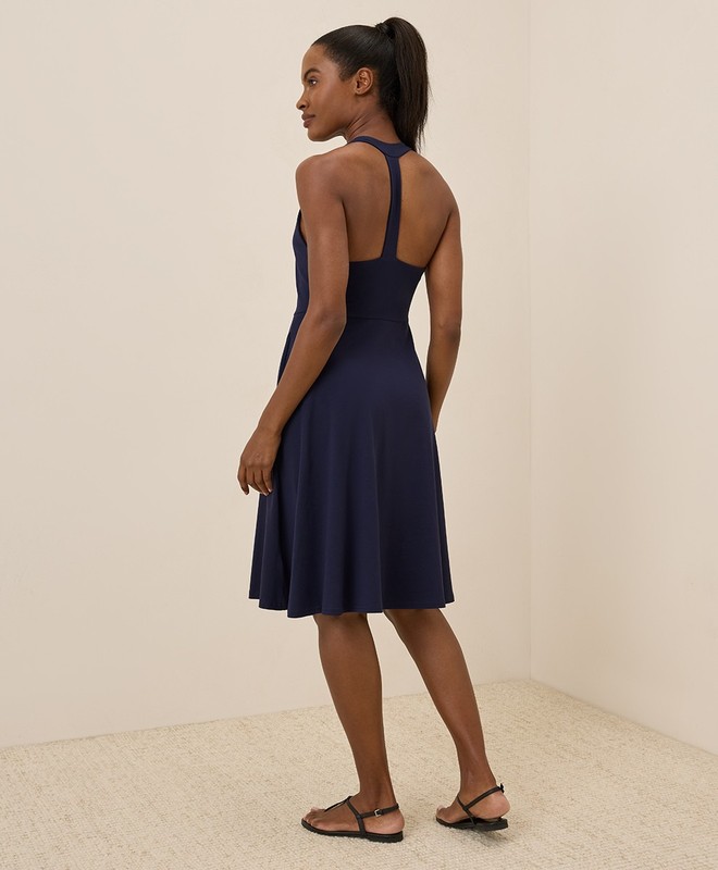 Pact Women's Fit & Flare Gathered Halter Dress Medium Eclipse Purple gallery