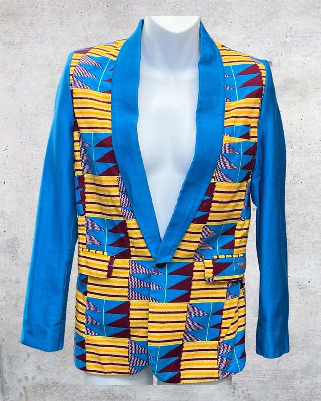 Kente-Inspired Blazer Jacket Shoulder Pads Blue Lapels Art Wear XS