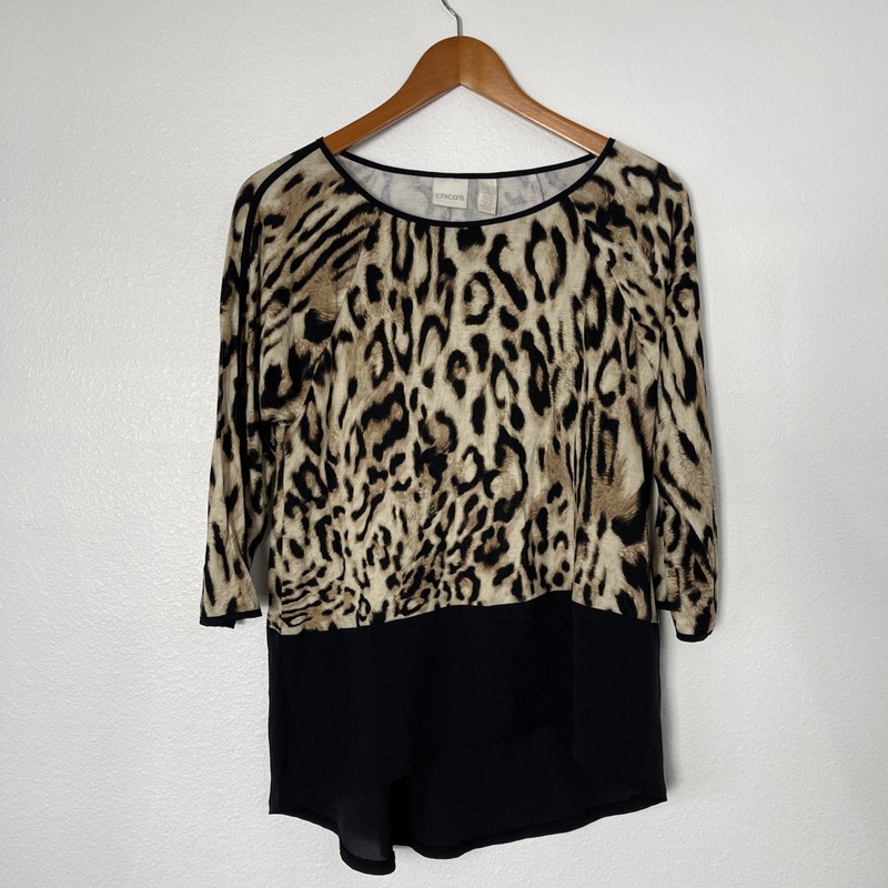 Chico’s Women’s Tunic Top Sz 1 Medium US 8 Animal Print 3/4 Sleeve Beige Black