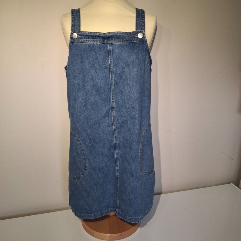 Dorothy Perkins Denim Pinafore Dress UK 14 Blue Midi Strappy Dungaree Style Casu