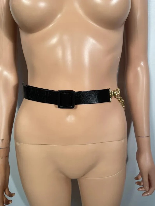 Vintage 1970s Black Pleather Cinch Belt With Gold Chain Detail Size M gallery