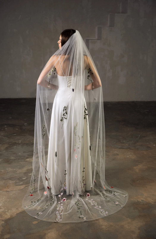 Veil with flowers Multi Colored Secret Garden Tulle Embroidered Mesh Wedding