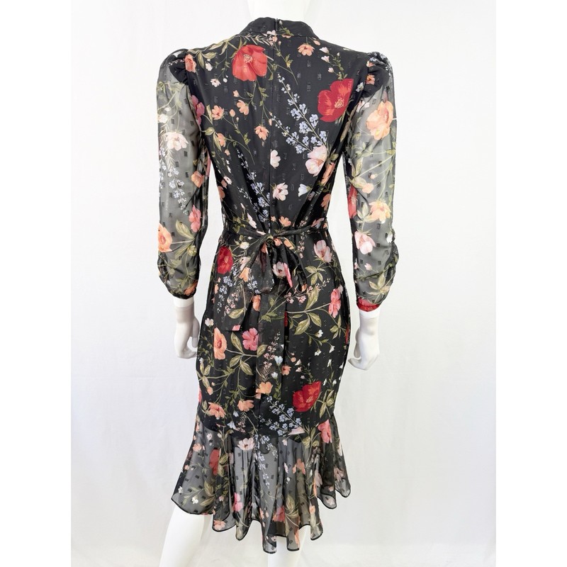Eliza J Black Poppy Floral Print Belted Midi Dress Size 4 Formal Cocktail Party gallery