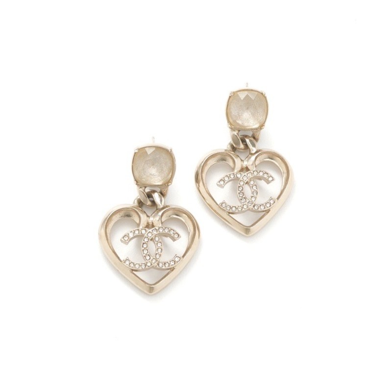 Chanel Earrings Gold Coco Mark Rhinestones Bijoux Heart Used