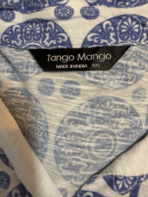 Tango Mango Women’s White Blue Paisley Button-Up Collared Blouse S Cotton gallery