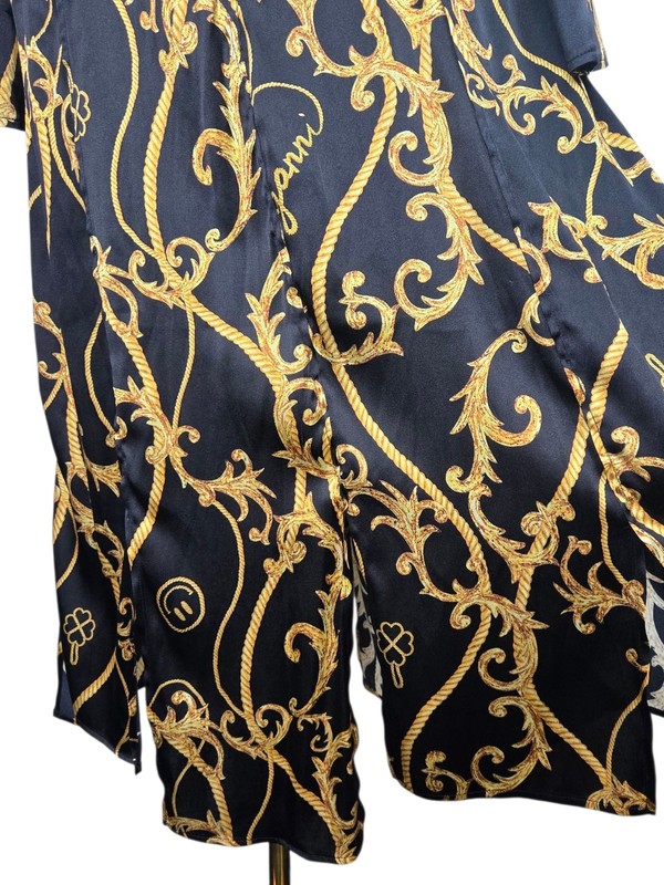 GANNI Baroque Print Silk Blend Ruched Midi Dress Black Gold EU 36 US 4 gallery