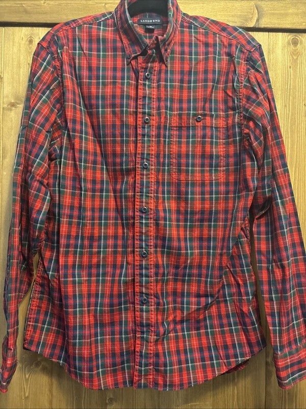 Lands End Button Down Shirt 100% Cotton Red Blue Green Plaid Sz M 15 – 15.5