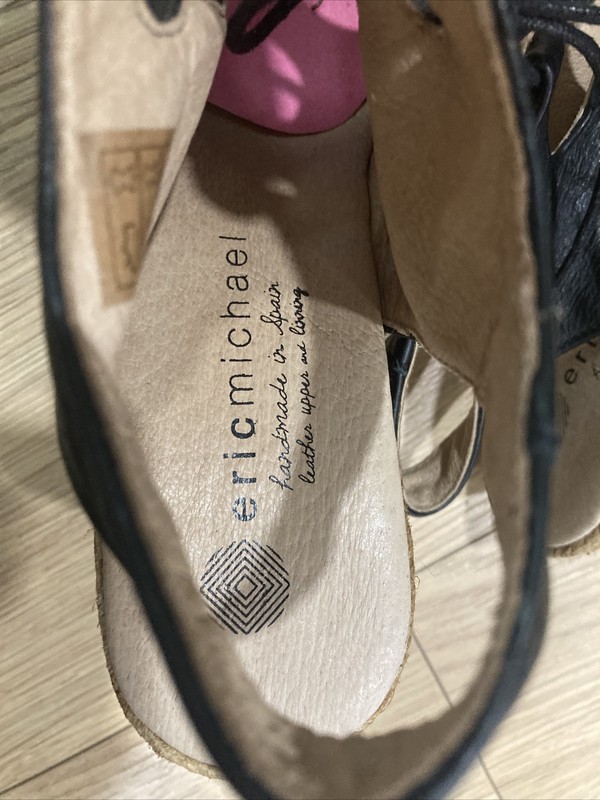 Eric Michael Handmade On Spain Leather Upper and Lining Black Wedge Sandals 8.5 gallery