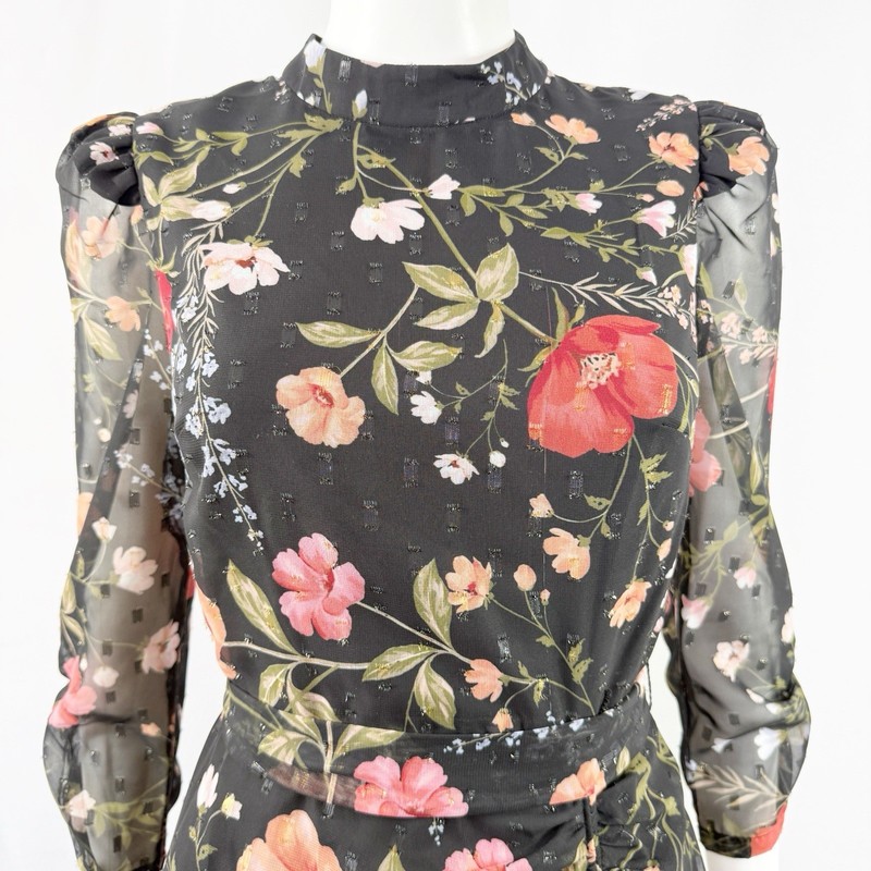 Eliza J Black Poppy Floral Print Belted Midi Dress Size 4 Formal Cocktail Party gallery