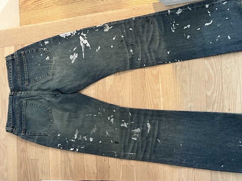 HELMUT LANG Straight Leg Blue Denim Jeans Paint Splatter Button Fly 5-Pocket gallery