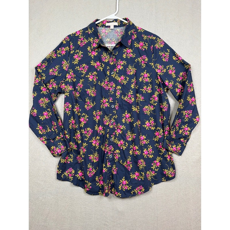 Woman Within Navy Blue Floral Button Up Shirt Womens 18/20 L Cotton Long Sleeve
