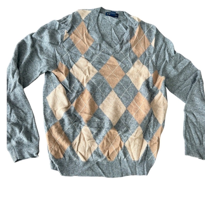 Brooks Brothers Mens XL Grey Argyle V-Neck Sweater 100% Camel Hair Luxury Preppy