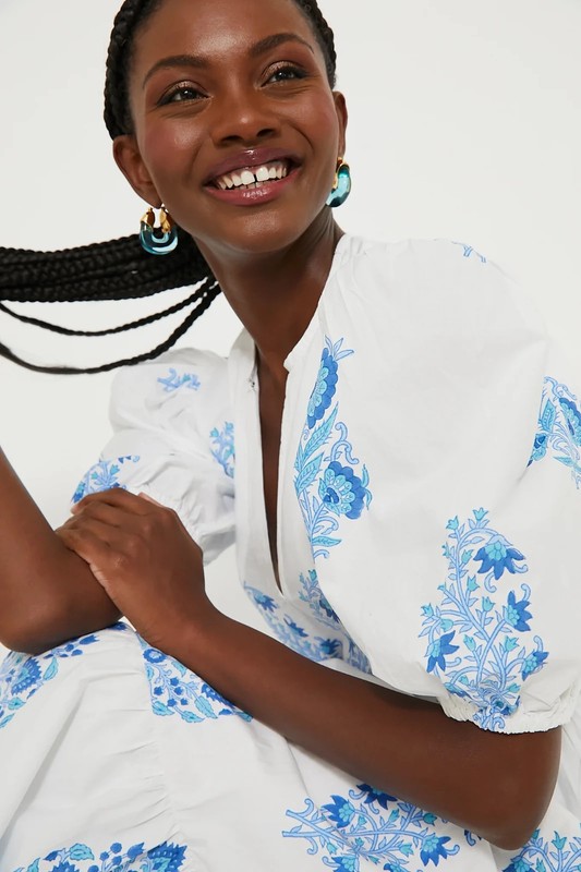 NWT Oliphant Puff Sleeve Maxi in Laguna Blue Floral Cotton Dress L $328 gallery