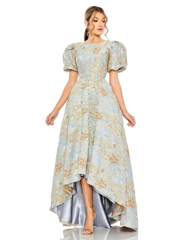 Mac Duggal Platinum Gold Floral Puff Sleeve High Low Brocade Gown Size 18 $798