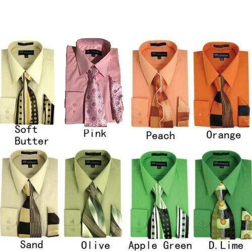Men's Dress Shirt + Matching Tie + Handkerchief Set Unique Colors Size 15~20 S21 gallery
