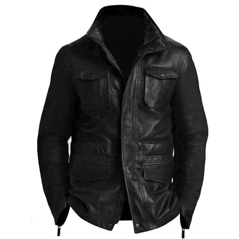 Men’s Black Genuine Lambskin Leather M65 Field Military Style Navy Jacket