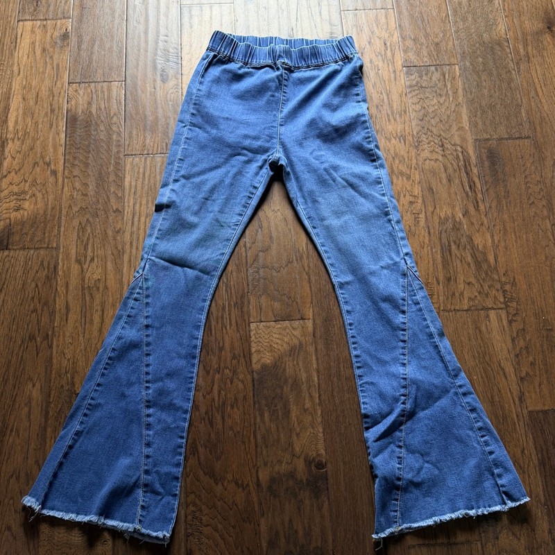 Blue Blush Flare Jeans Womens L Blue Elastic Waist Raw Hem Seam Detail IBP4214