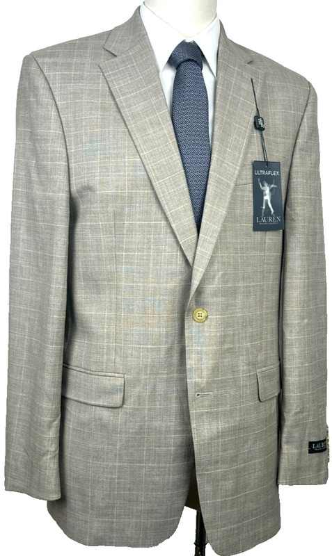 Lauren Ralph Lauren Men’s Sport Coat 38R Tan Blue Plaid Classic Fit Ultraflex