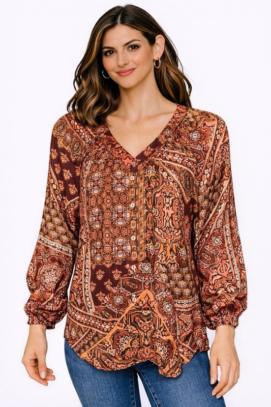Democracy $78 Blouse V-Neck Printed Shirt Woven Top Size L New NWT