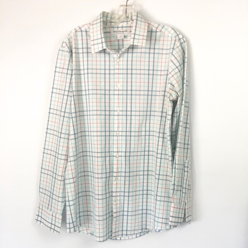 Mizzen + Main Leeward Shirt Mens Medium Trim Fit White Blue Red Plaid Dress