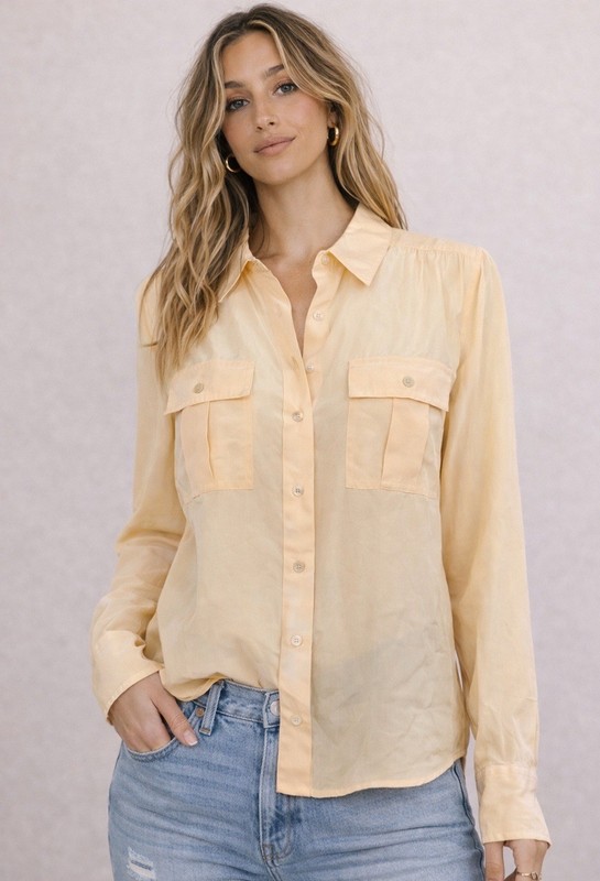 Women’s M Peach Button Down Blouse 100% Silk Long Sleeve Collared Shirt 8